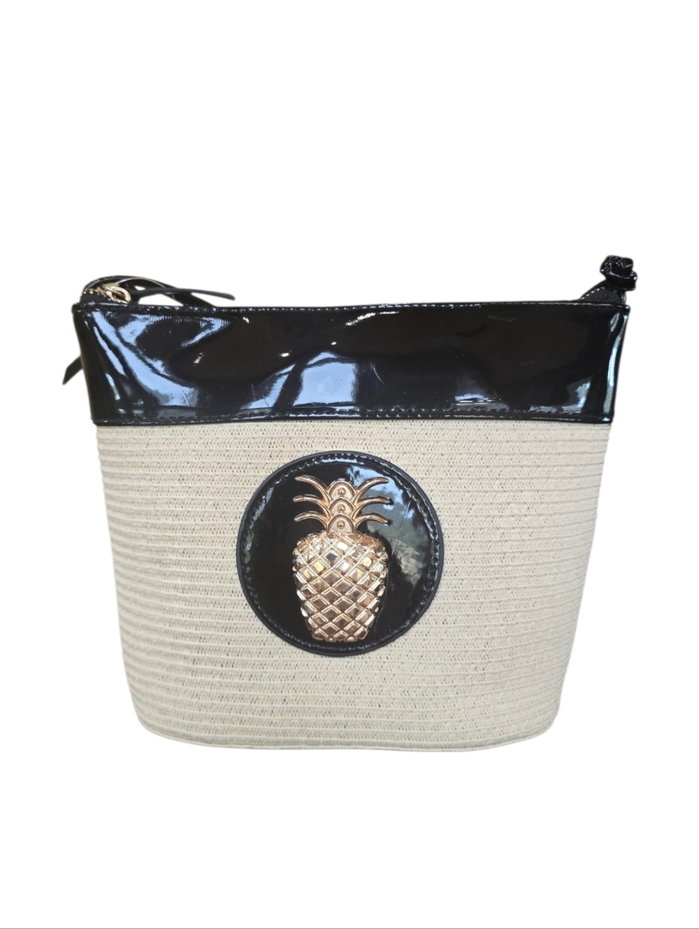 Pinnapple Tan Raffia Black Patent Faux Leather Crossbody Handbag